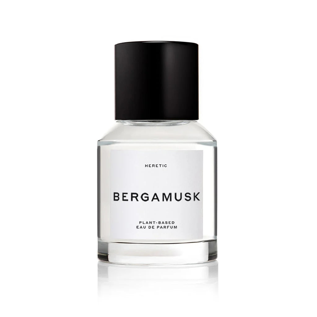 A bottle of Bergamusk perfume, on a white background. 