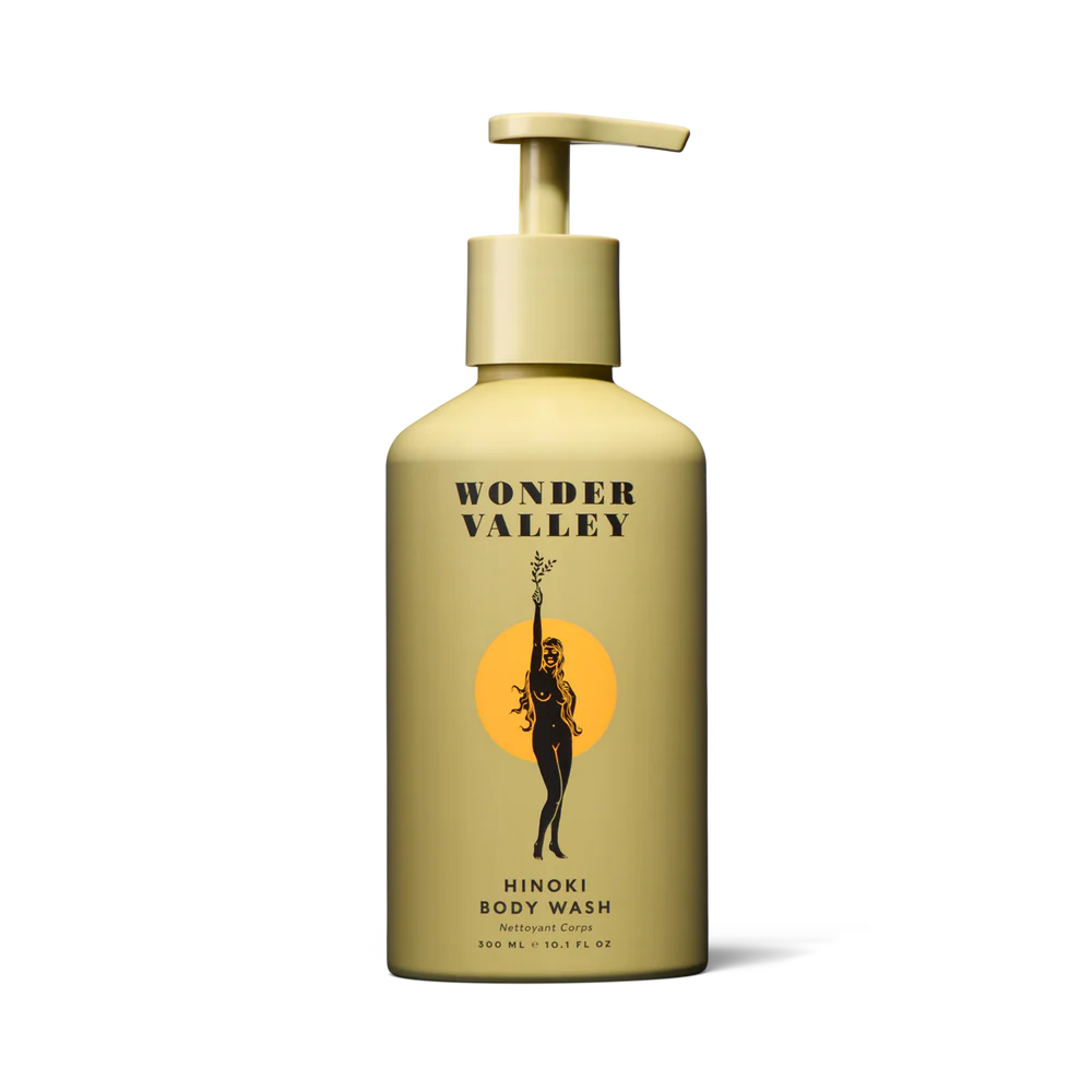 A bottle of the hinoki body wash, made by Wonder Valley in California