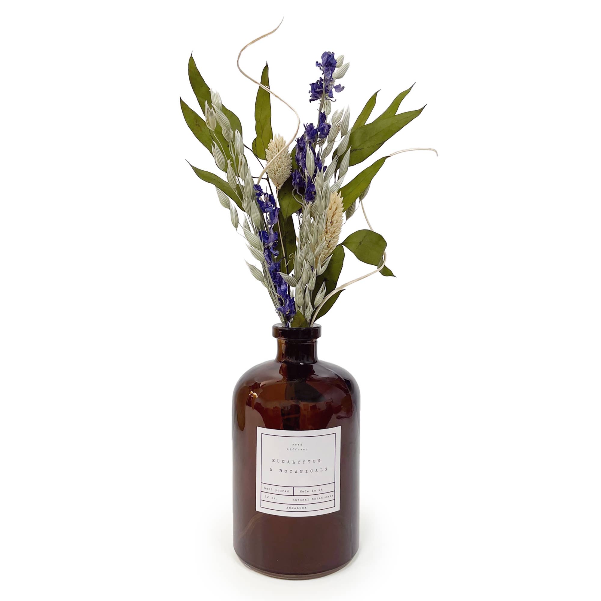 Andaluca floral diffuser in Eucalyptus, packaged in a brown glass bottle
