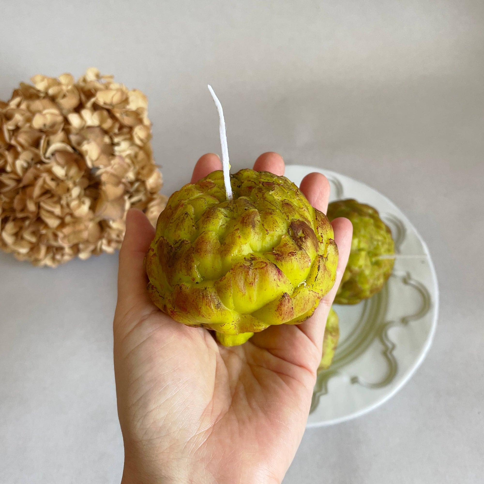 A person holding a green candle shaped like an artichoke, with a saucer and dried flowers in the background. 