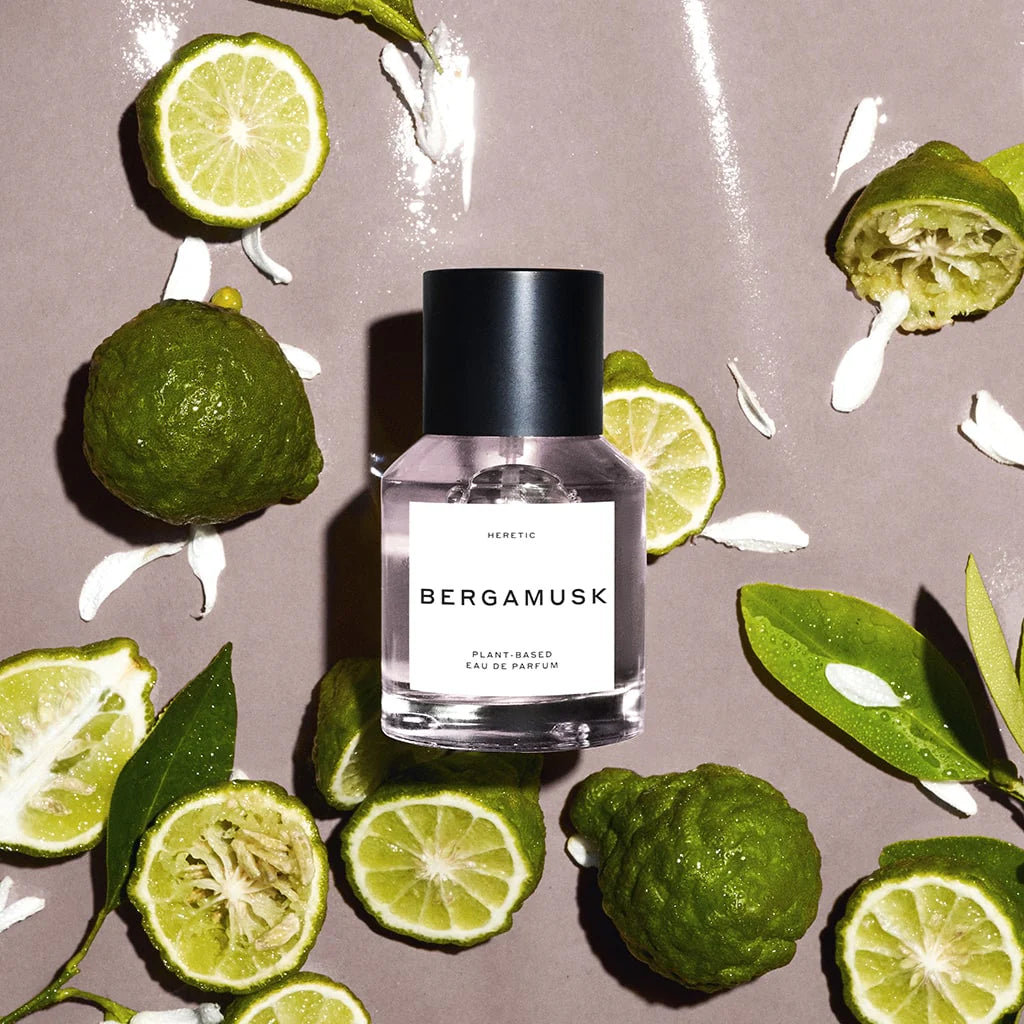 A bottle of Bergamusk perfume, on a white background. 