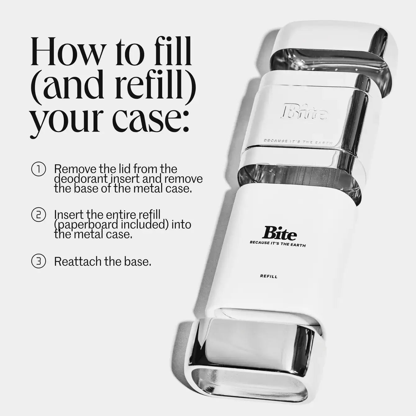 A hand holding a silver aluminum deodorant case with a clasp closure, branded with the word 'bite' on the front.