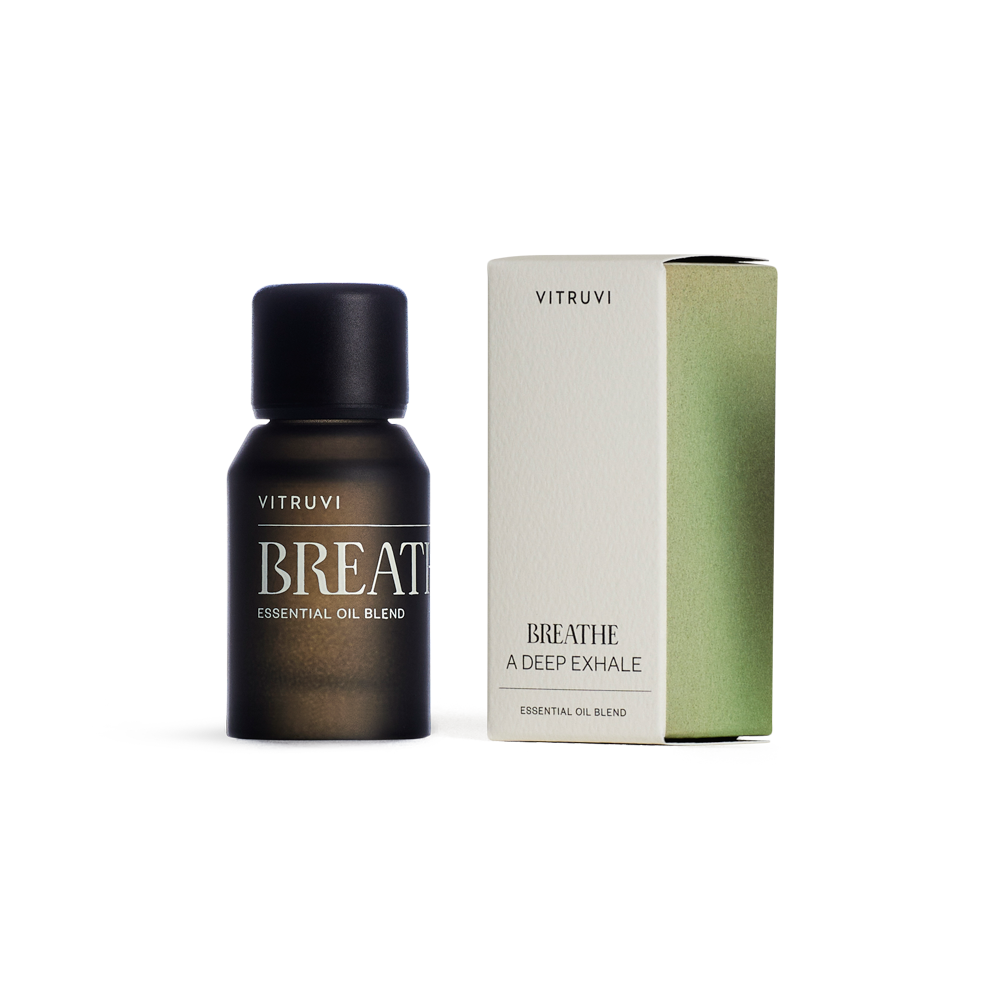Vitruvi Breathe essential oil blend bottle and packaging on a white background