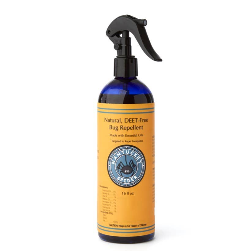Bug repellent spray bottle with yellow label on a white background