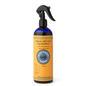 Bug repellent spray bottle with yellow label on a white background