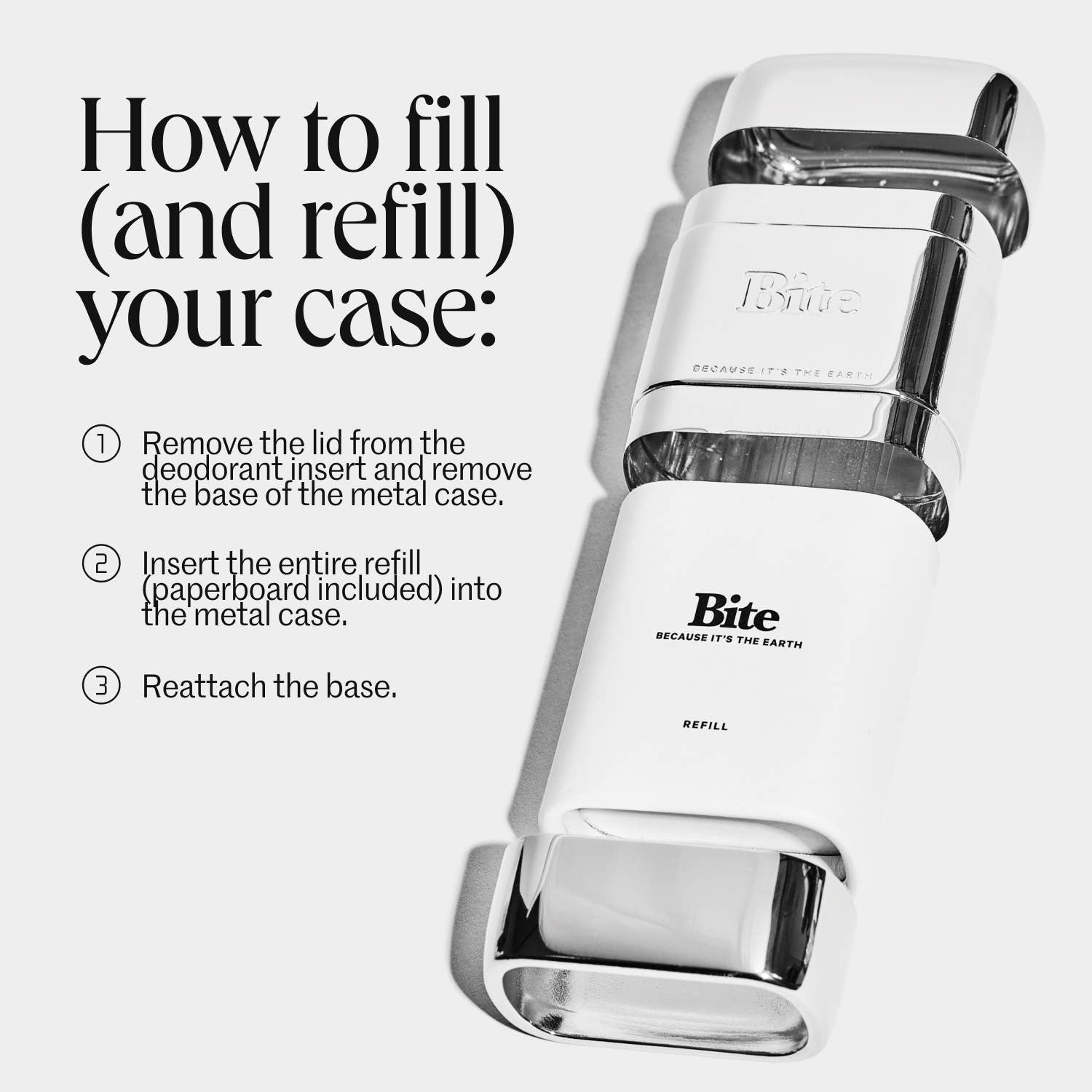 A Bite infographic showing how to fill and refill the case. 