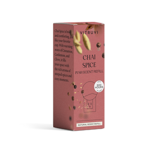 Vitruvi Chai Spice push-scent refill box on a white background