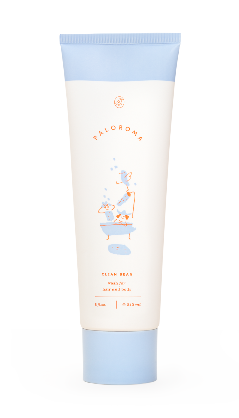 A tube of Paloroma Clean Bean hair and body wash. . 