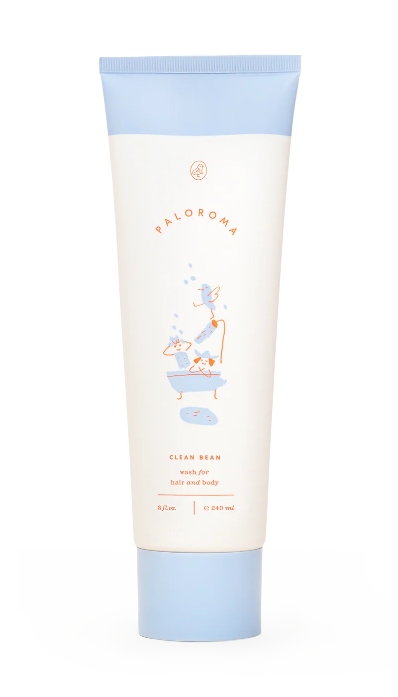 Tube of Maloroma Clean Bear bath and body wash with blue and white design on a white background