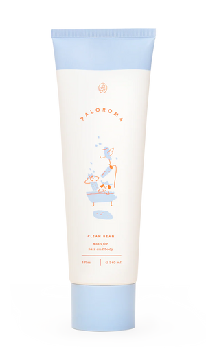 Tube of Maloroma Clean Bear bath and body wash with blue and white design on a white background