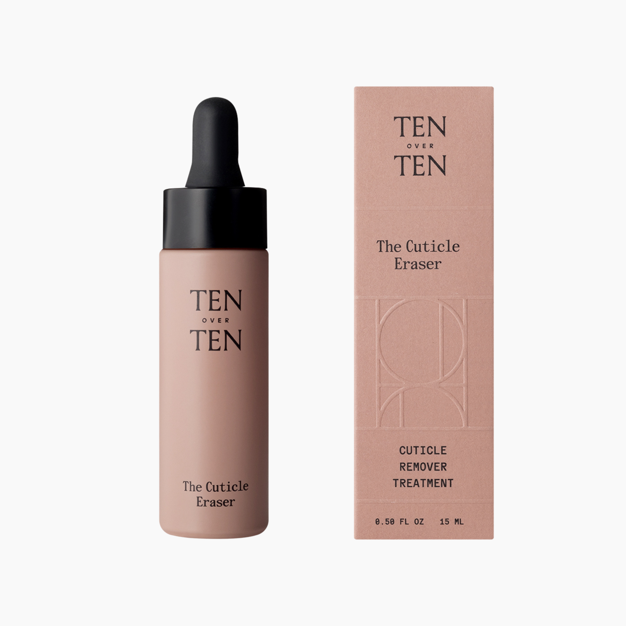 TEN OVER TEN cuticle eraser bottle and packaging on a white background