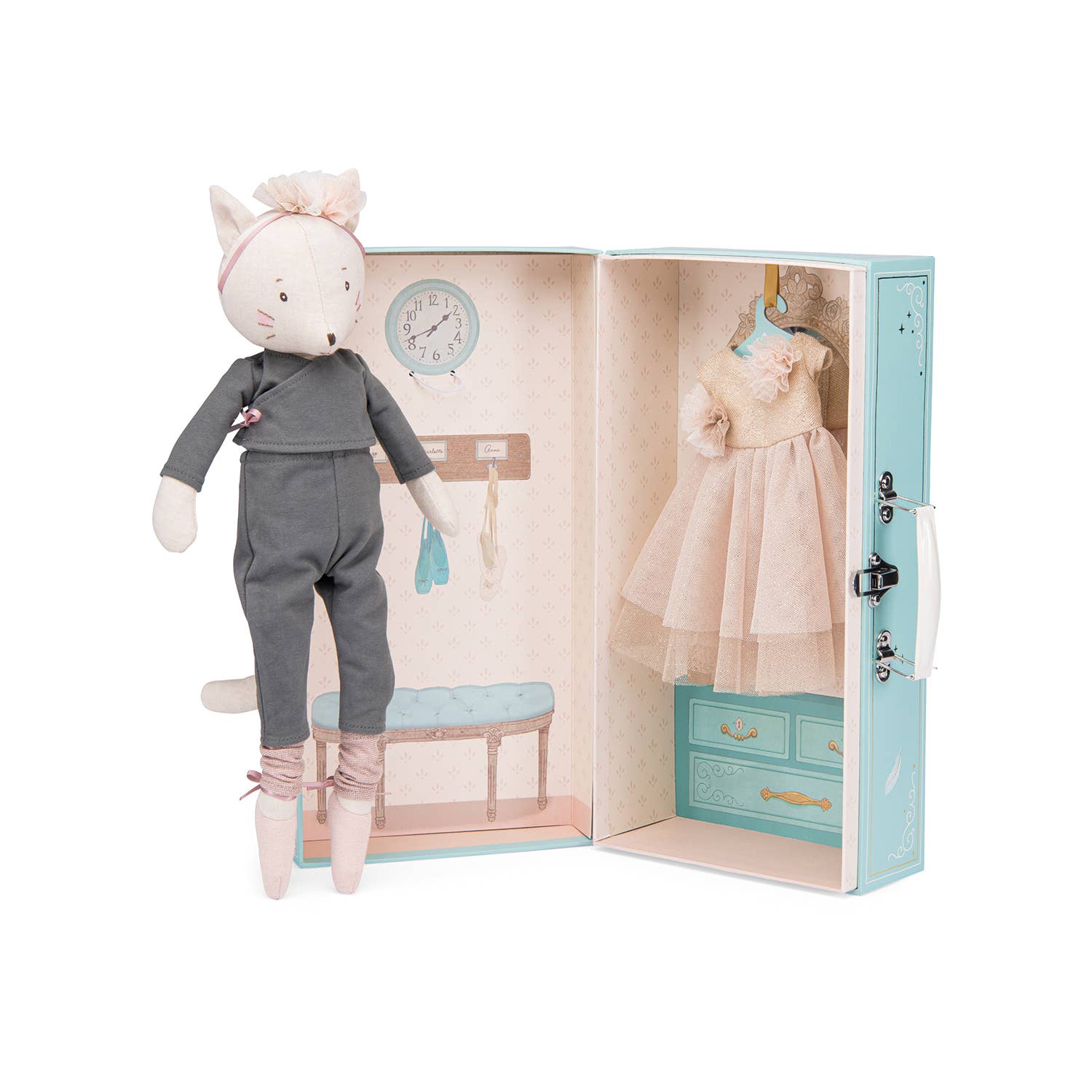A Moulin Roty De Dansę set, including a pink tutu, Celestine, and her closet. 