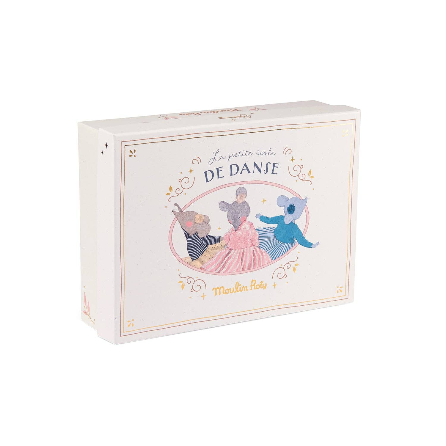 A display box containing nine small stuffed mice wearing dance outfits in various colors, with a pink bow on top of the box.