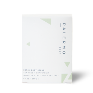 Detox body scrub packaging with 'Palermo Body' branding on a white background