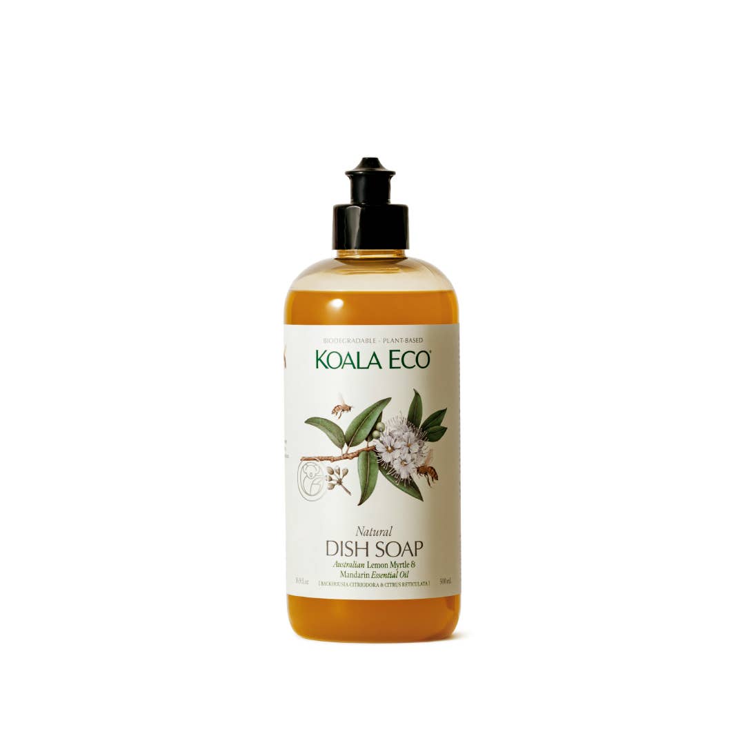 A clear pump bottle of Koala Eco Dish Soap with a label that features an image of a koala and leaves, indicating the scent of lemon myrtle and mandarin.