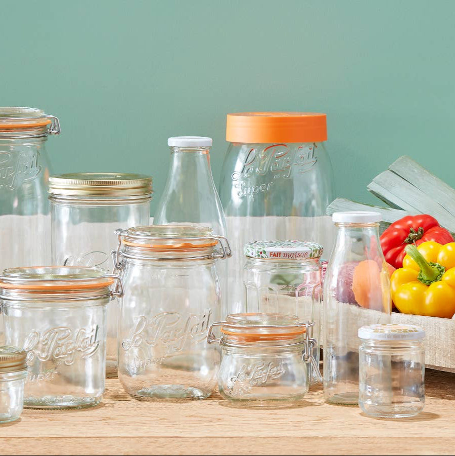 A 750ml clear glass preserving jar with a metal clasp and rubber seal, branded with 'Le Parfait'.