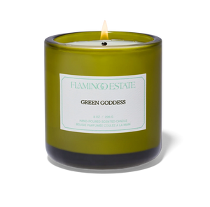 Green candle labeled 'Green Goddess' from Flamingo Estate on a white background