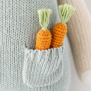 A detail of the knit carrots in Henry the bunny's pocket