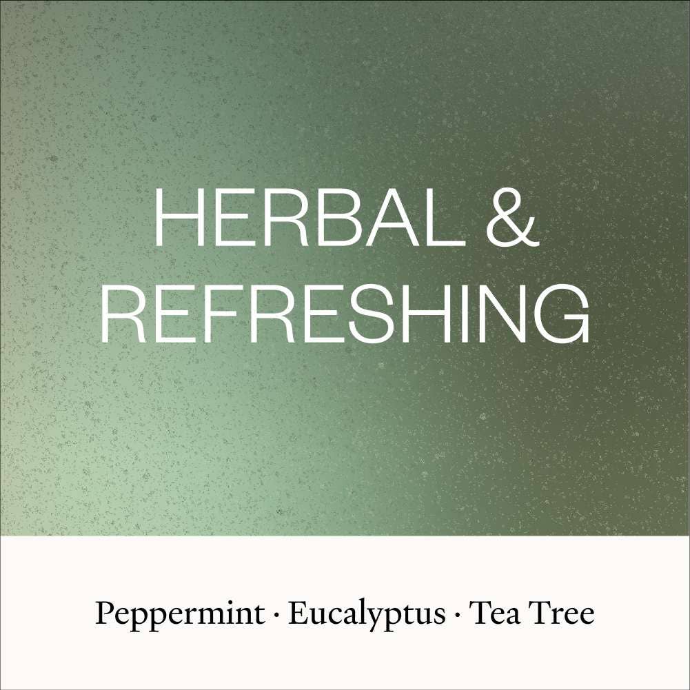 Text 'HERBAL & REFRESHING' on a green gradient background with additional text below.