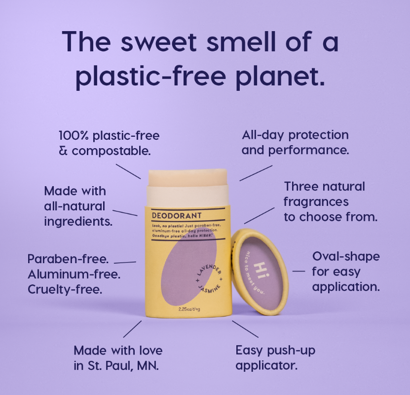 An infographic on a purple background for the lavender jasmine hibar deodorant. 