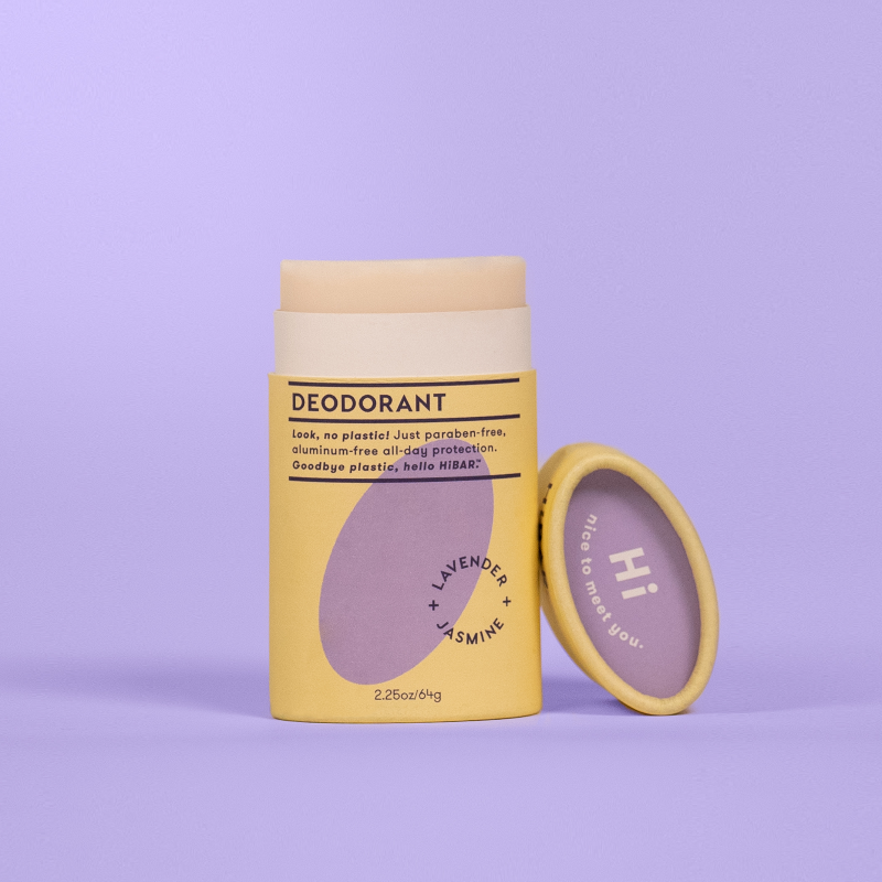 A tube of Hibar deodorant on a purple background. 