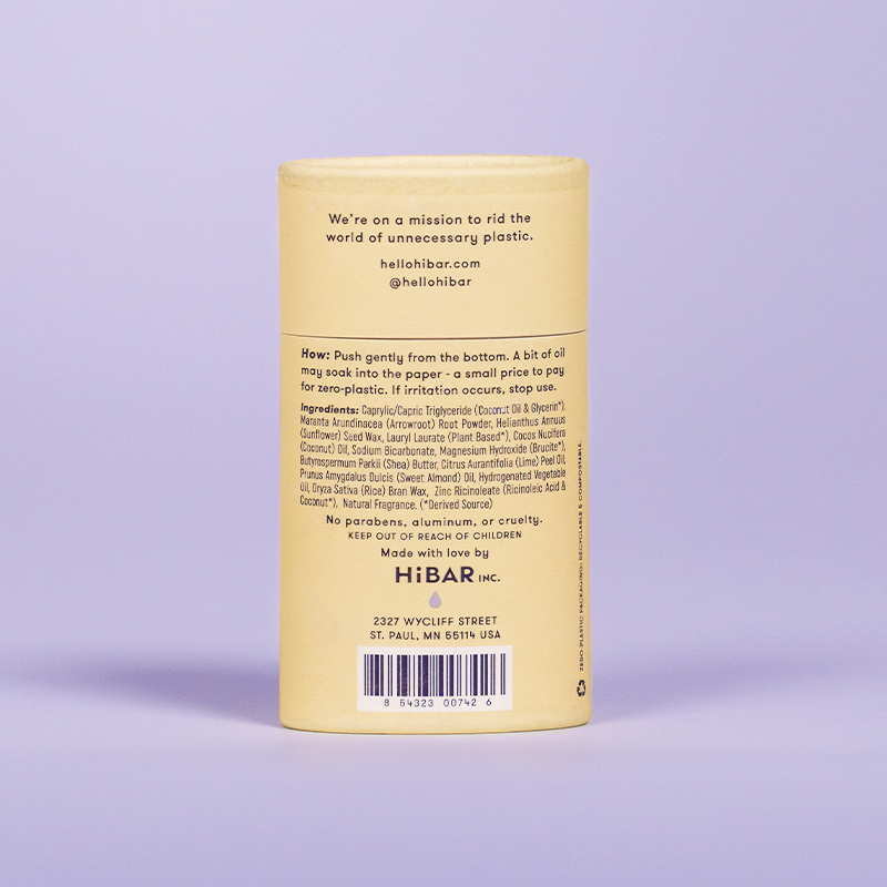A tube of Hibar deodorant on a purple background. 