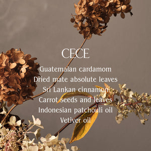 Dried flowers with text listing ingredients on a gray background