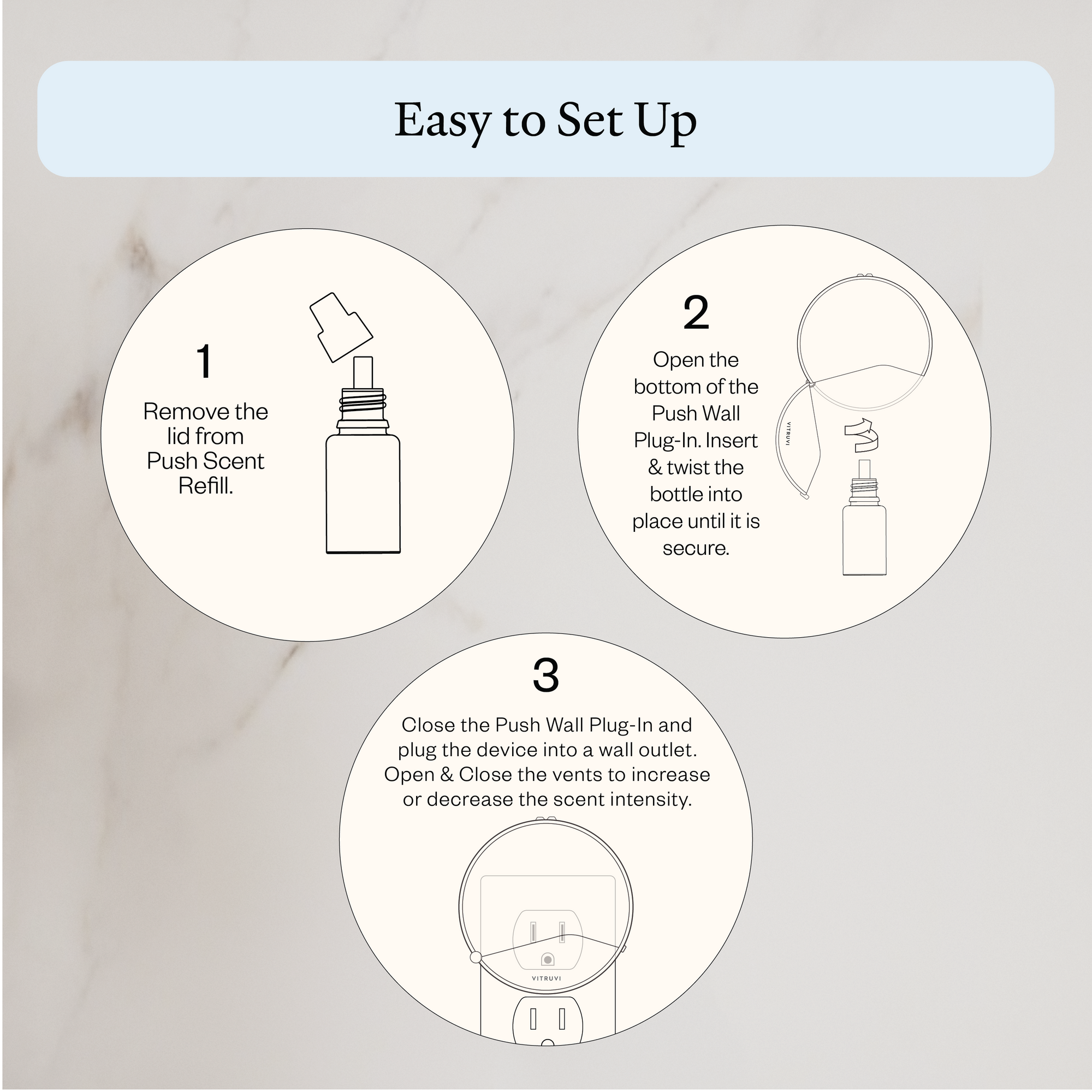 Step-by-step installation guide for a wall-mounted scent device on a light gray background.