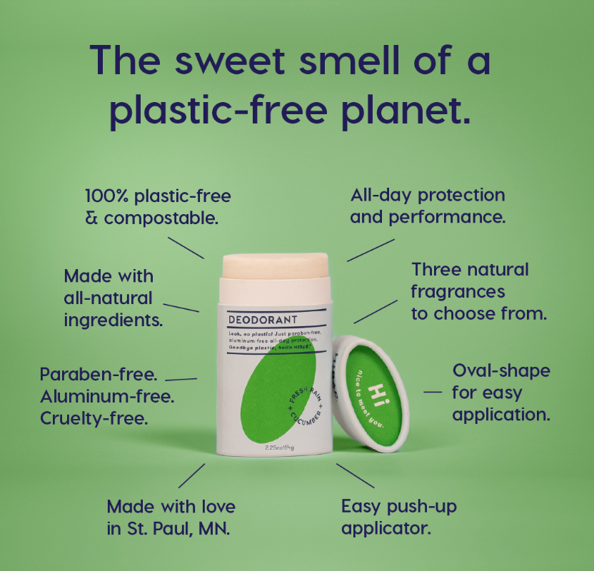 An infographic for hi bar fresh rain cucumber deodorant on a green background. 