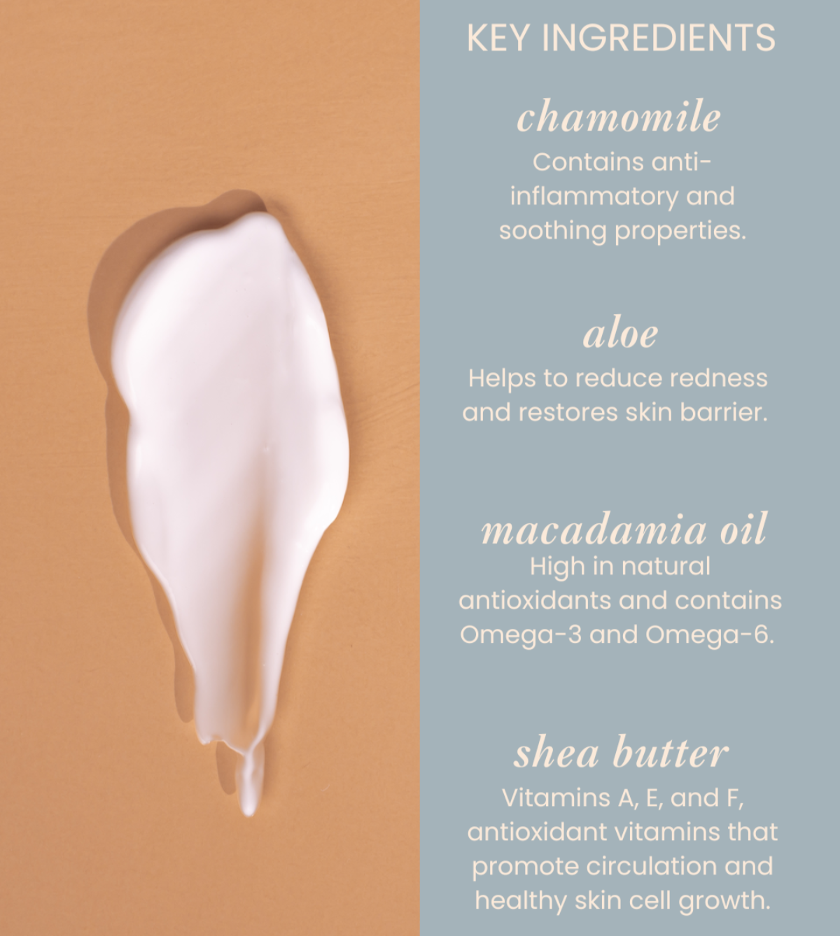 An ingredient infographic. Key ingredients: chamomile, aloe, macadamia oil, and shea utter. 
