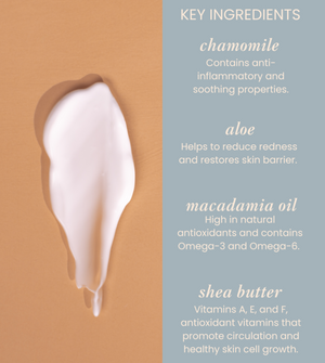 An ingredient infographic. Key ingredients: chamomile, aloe, macadamia oil, and shea utter. 