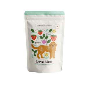 A bag of love bites dog treats, made by botanical bones