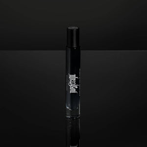 Black perfume decanter with white text on a black background