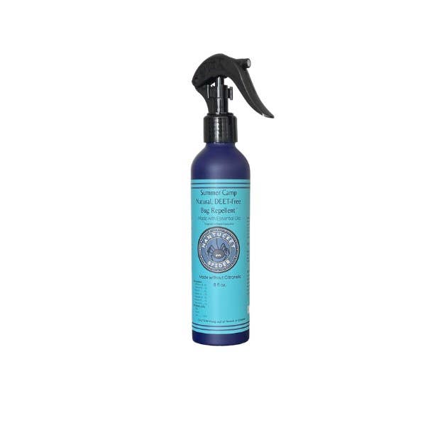 A bottle of Summer Camp Natural Bug Repellent Spray in different sizes, with the smallest two made from 100% post-consumer recycled plastic.