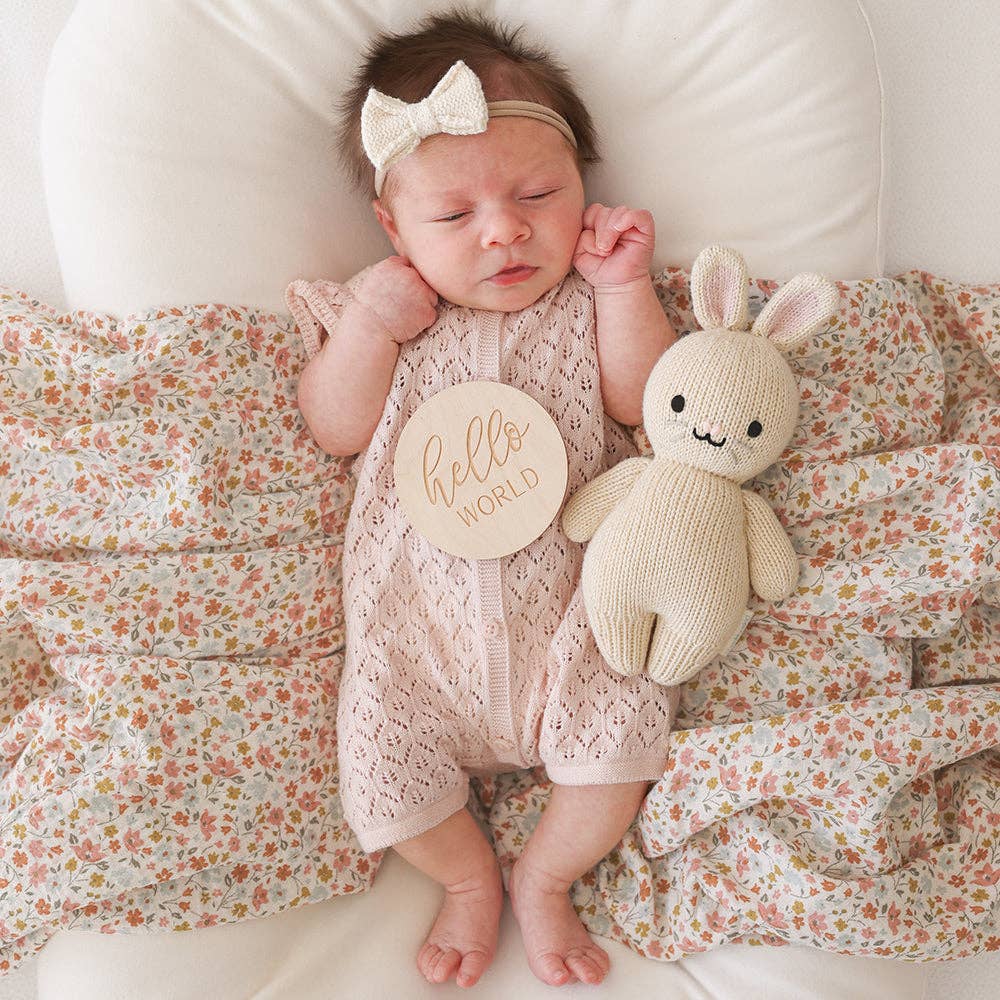 The Cuddle and Kind oatmeal bunny with a baby