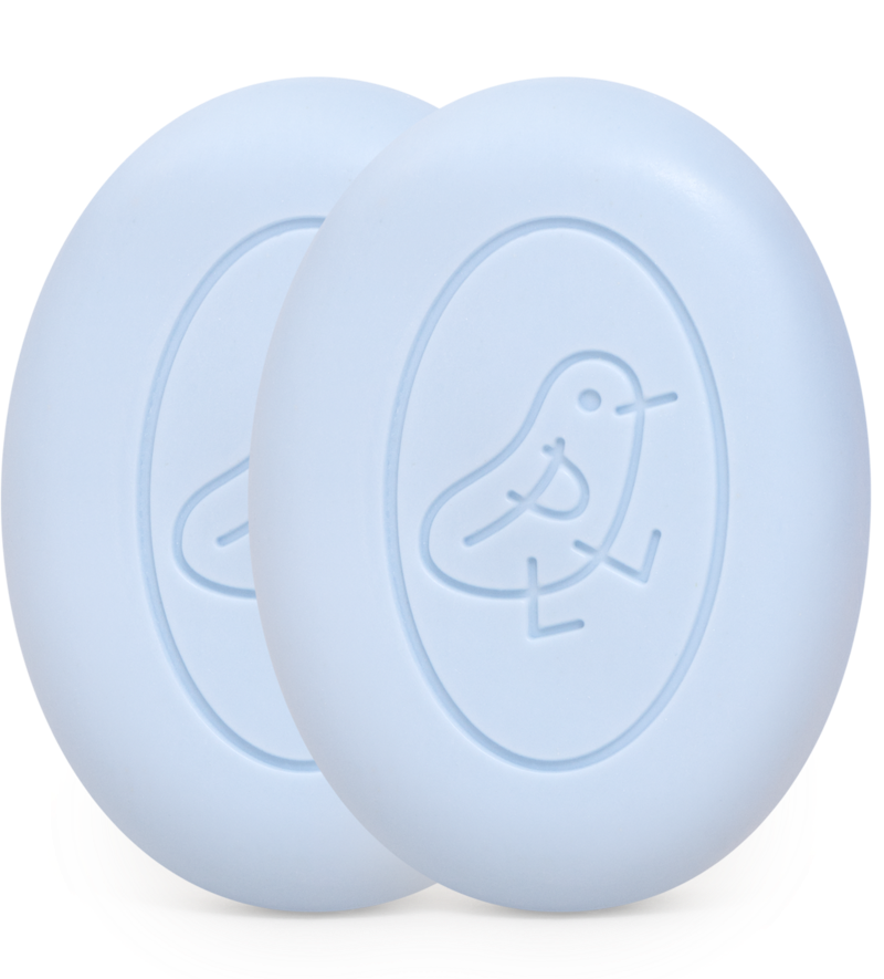 Two light blue oval shaped bars of soap with a baby chick decoration in the mold.
