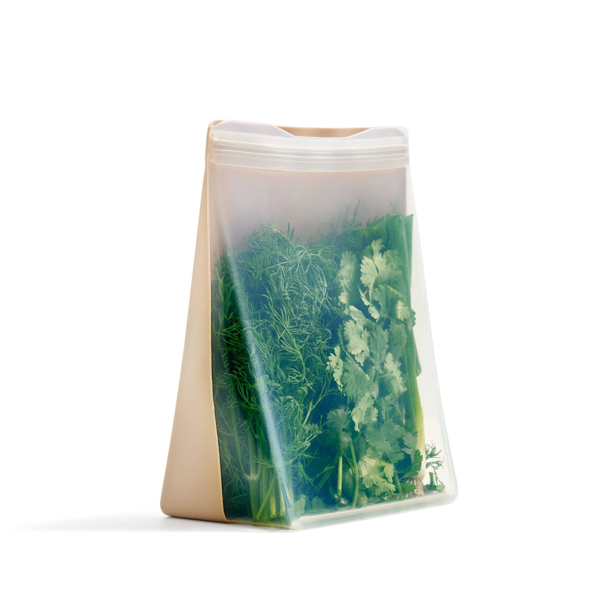 A reusable stand up bag on a white background. 