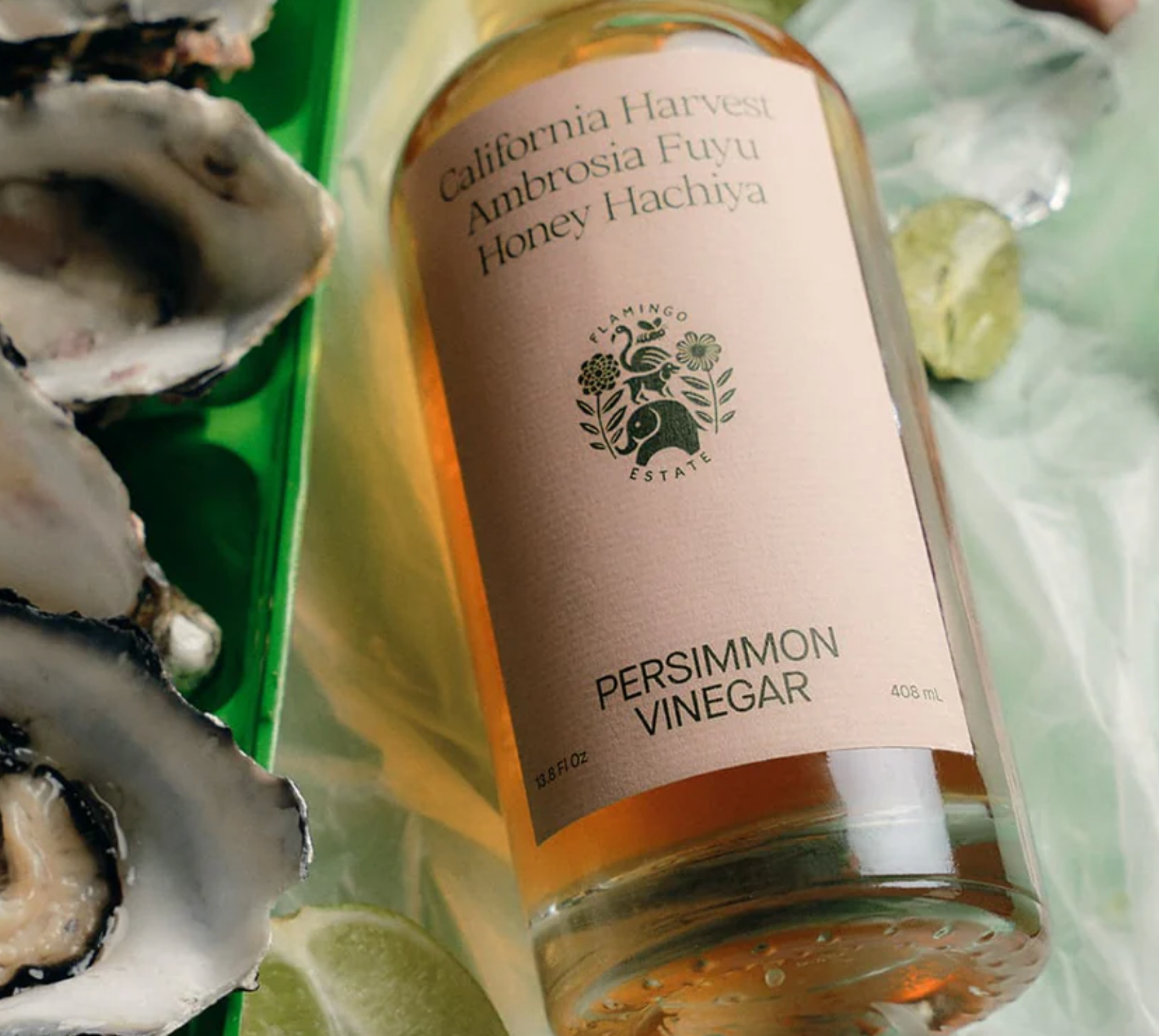 A bottle of Flamingo Estate Persimmon Vinegar. 