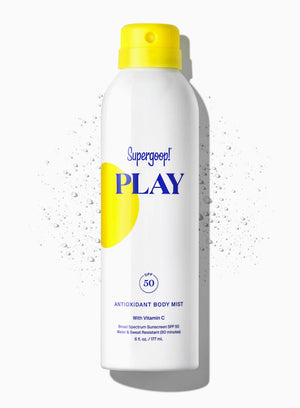 Supergoop! PLAY antioxidant body mist bottle on a white background