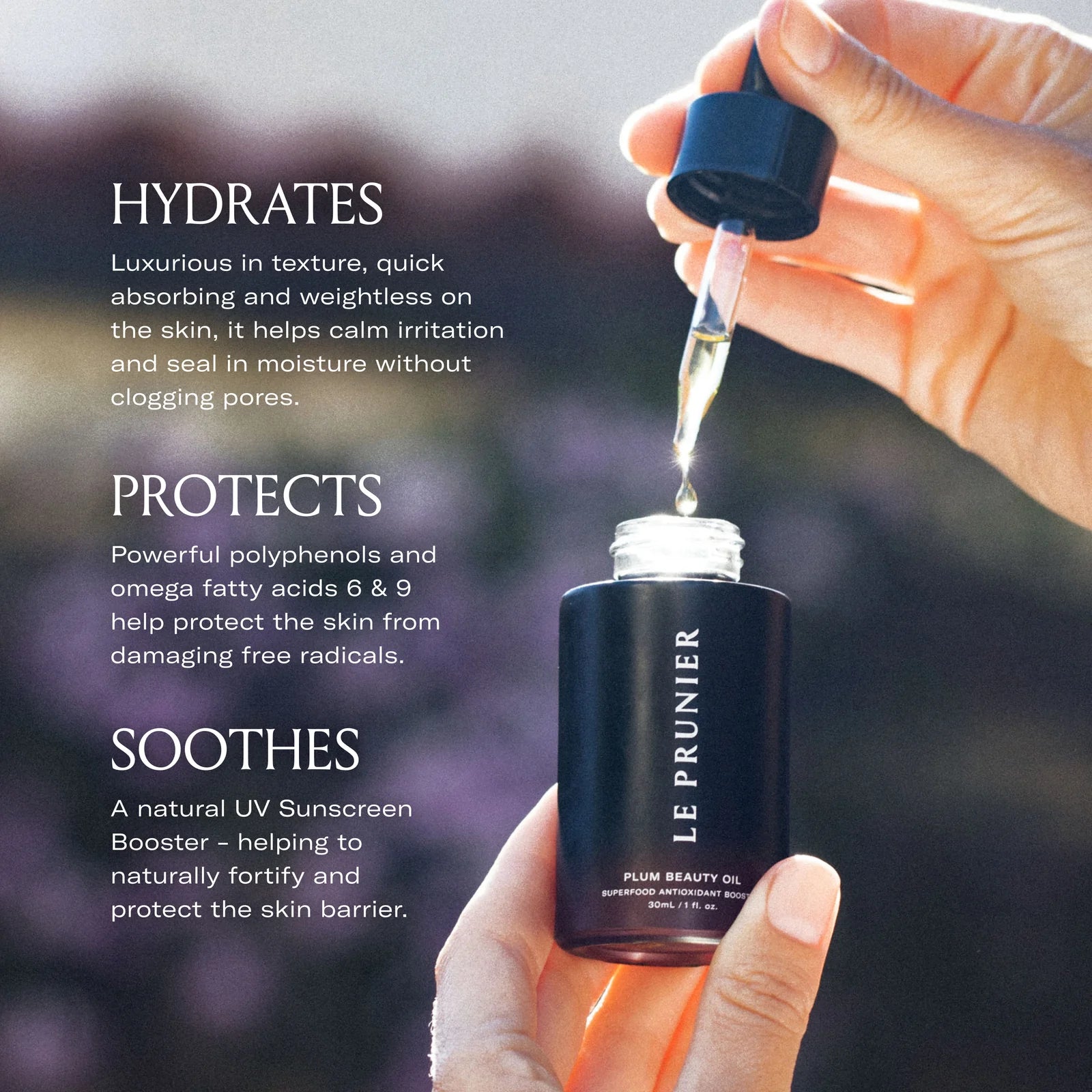 An infographic for the Plum Beauty Oil. Hysrates. Protects. Soothes. 