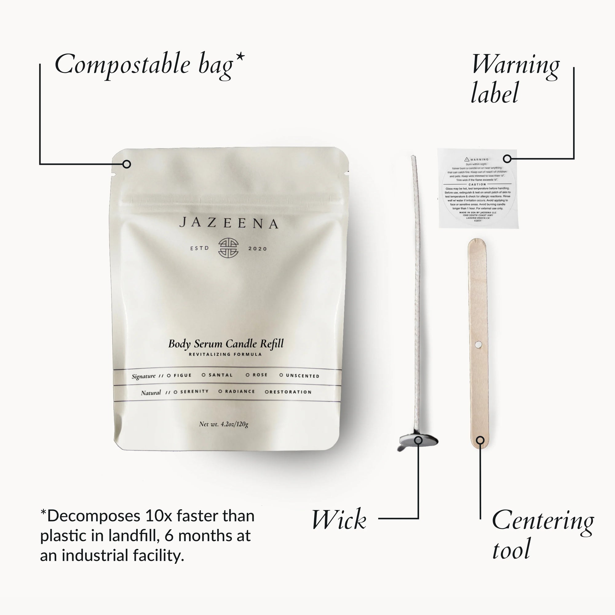 The Jazeena body serum refill comes in a compostable bag