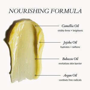 The nourishing Jazeena body serum formula is made with camellia oil, jojoba oil, babassu oil, and argan oil