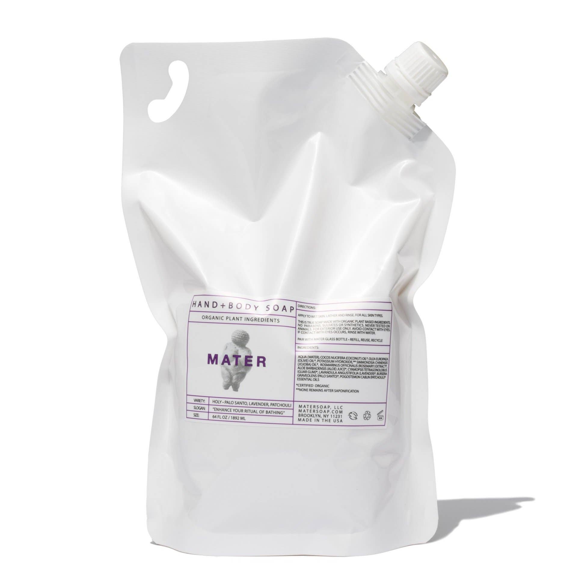 A white pouch labeled 'Mater hand+body soap refill' with a black pump next to it, indicating it is a soap refill product.