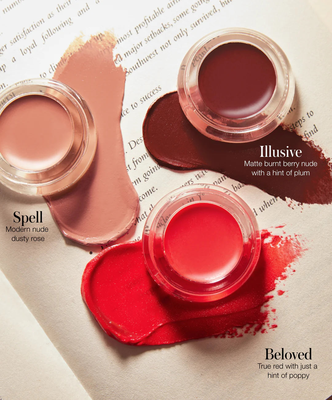 RMS beauty lip kit with three lip colors in front of a brown box on a white background