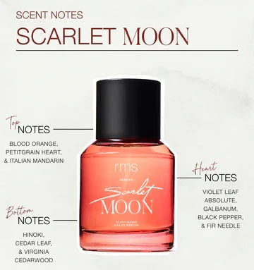 A bottle of RMS Scarlet Moon perfume with a black cap and a pink-reddish liquid inside. The label has 'SCARLET MOON' written in a bold, black font.