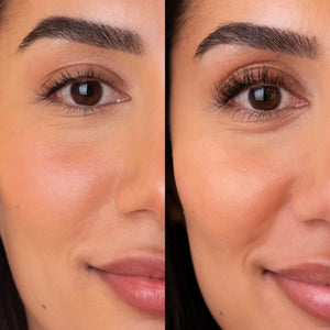 A before and after photo of a woman who has used the Sweed eyelash serum