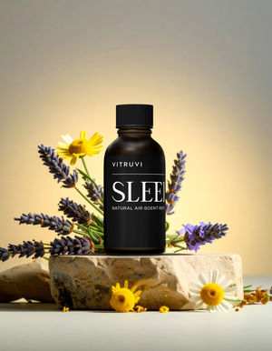Vitruvi SLEEP natural air scent bottle with flowers on a stone surface