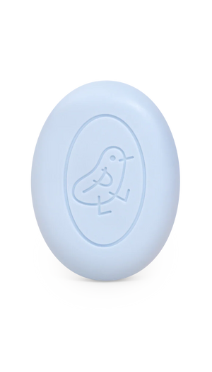 Light blue bar of soap with a logo on a white background