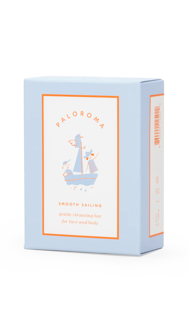 Light blue bar of soap with a logo on a white background