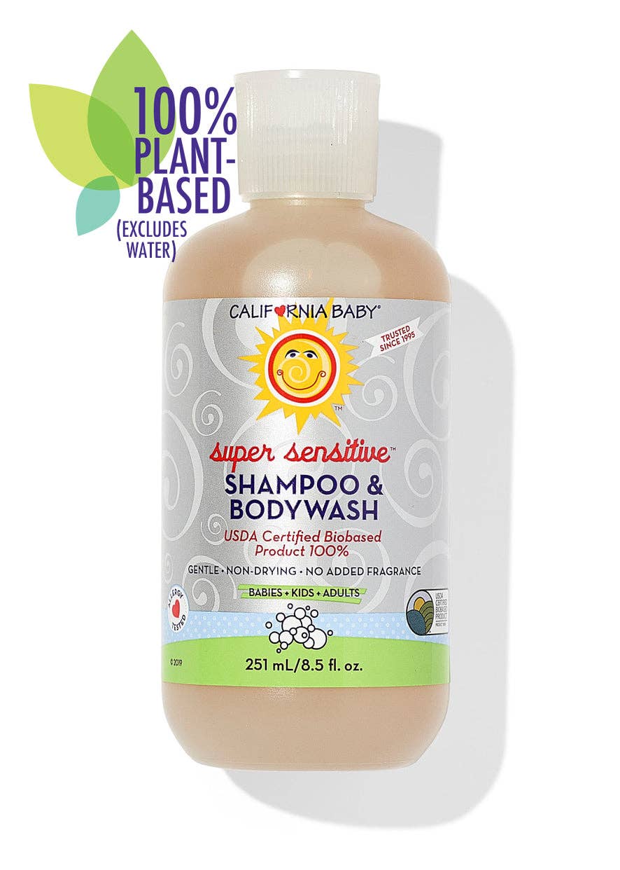 California Baby super sensitive shampoo & bodywash bottle on a white background